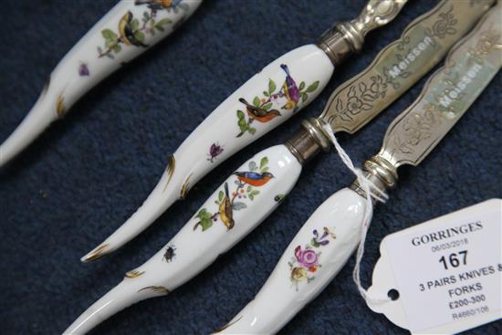 Three pairs of Meissen porcelain handled knives and forks, 19th century, 21cm and 21.5cm